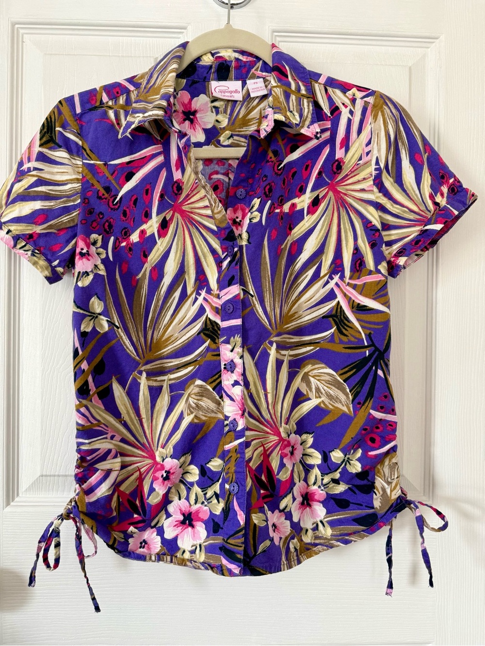 Pappagallo Tropical Floral Ruched Side Button Front Shirt Purple Petite S Resort